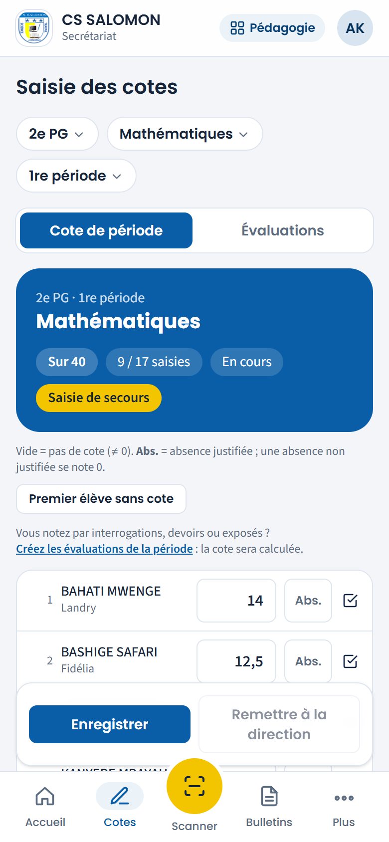 Saisie de secours par le secrétariat (téléphone)