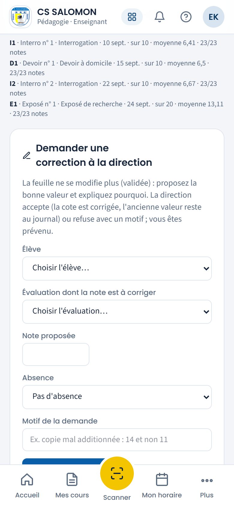 Demande de correction d'une feuille validée (téléphone)