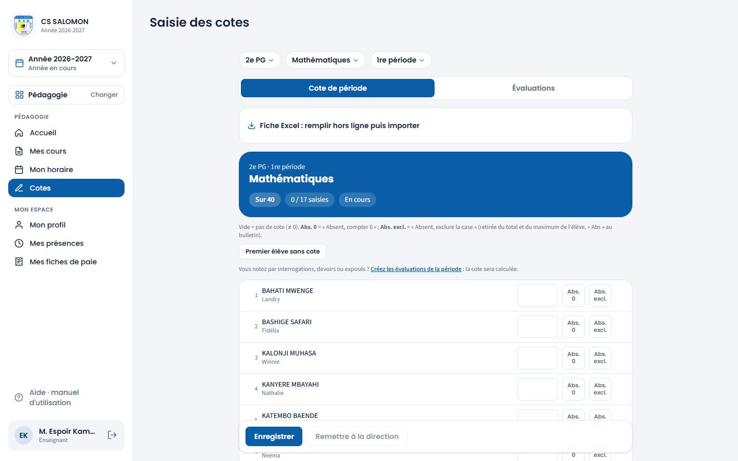 Saisie directe des cotes de Mathématiques en 2e PG (ordinateur)