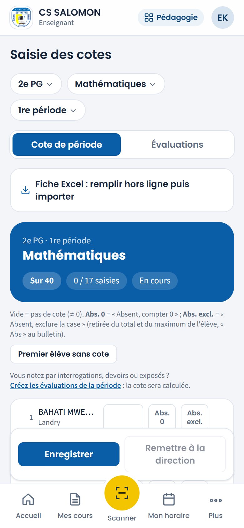 Saisie directe des cotes de Mathématiques en 2e PG (téléphone)