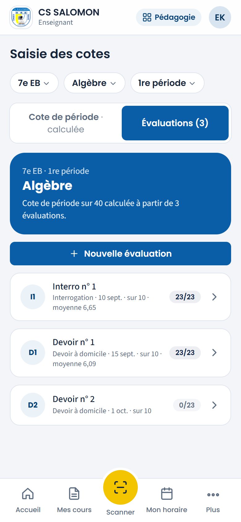 Évaluations de la période en Algèbre (téléphone)