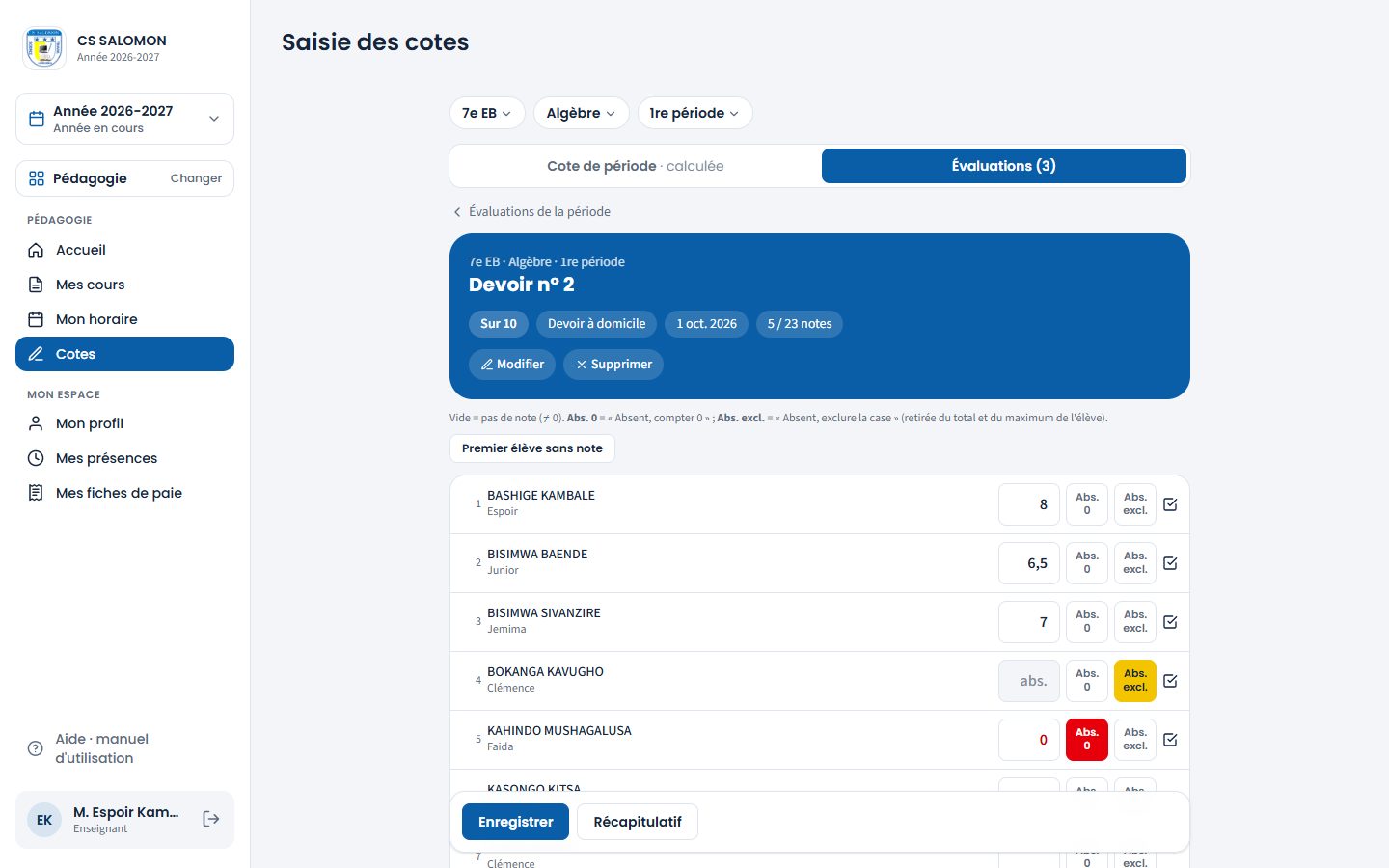 Notes du Devoir n° 2 d'Algèbre (ordinateur)