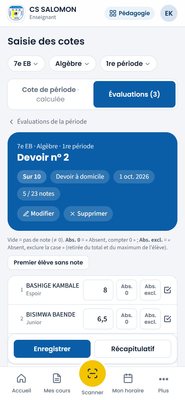 Notes du Devoir n° 2 d'Algèbre (téléphone)