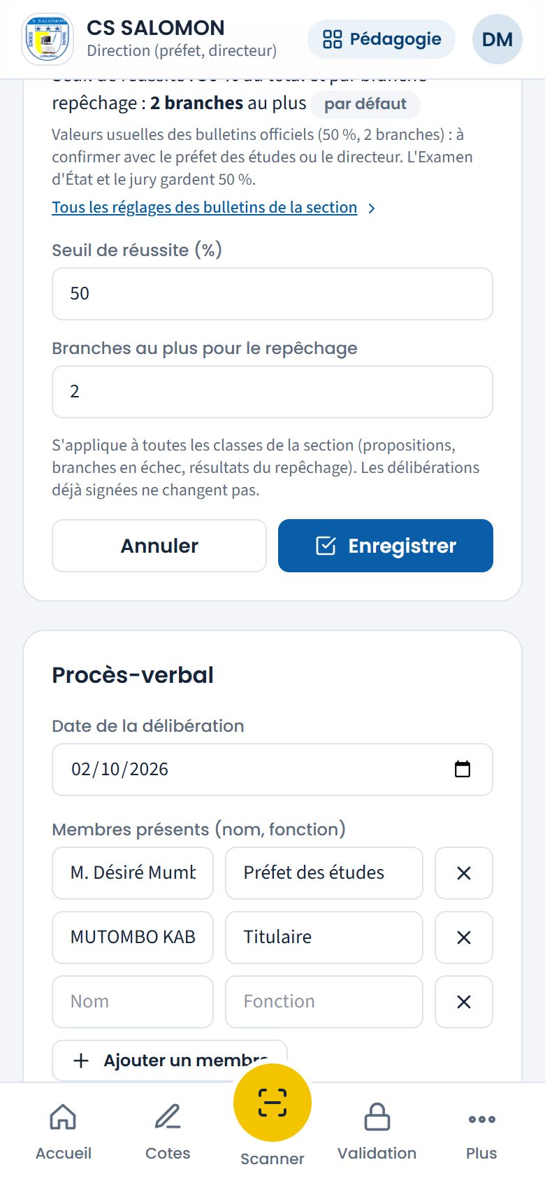 Règles de délibération de la section secondaire (téléphone)