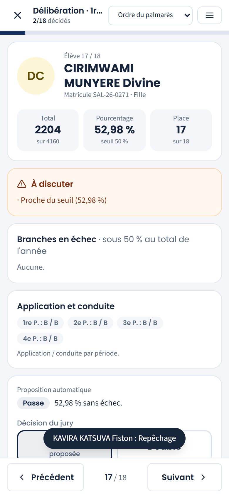 Décision enregistrée, élève suivant (téléphone)