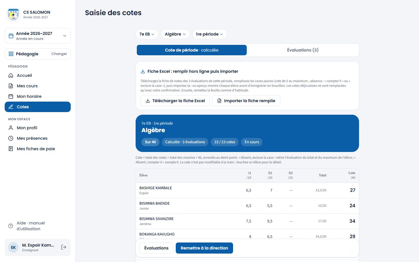 Le bloc Fiche Excel sous la feuille de cotes (ordinateur)