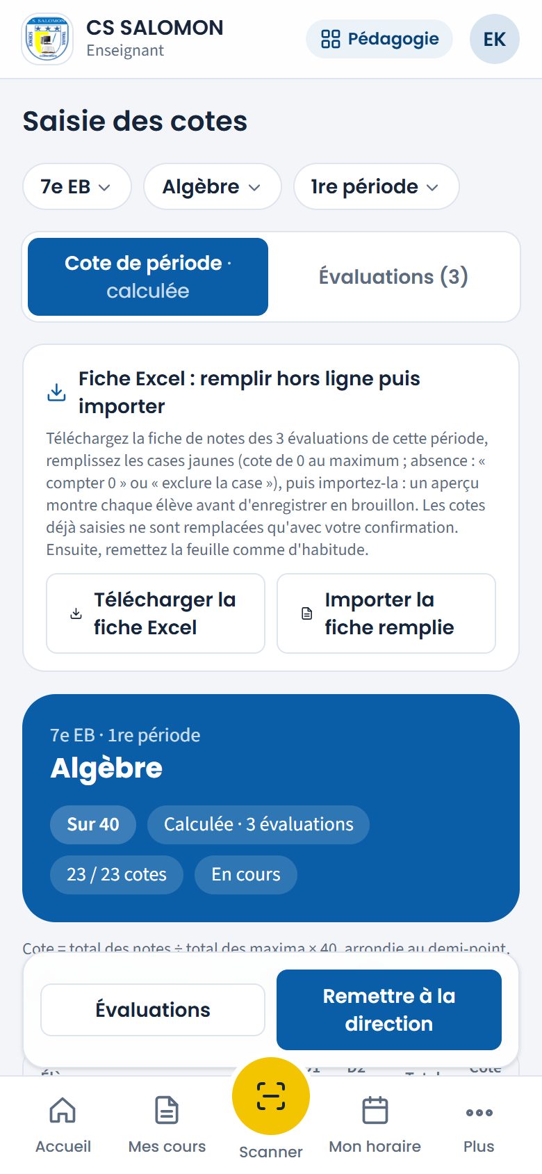 Le bloc Fiche Excel sous la feuille de cotes (téléphone)