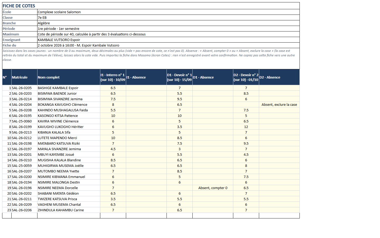 La fiche Excel ouverte (ordinateur)