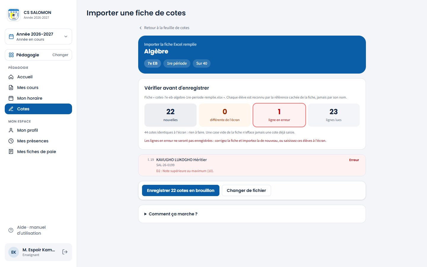 Aperçu de l'import avec les compteurs (ordinateur)