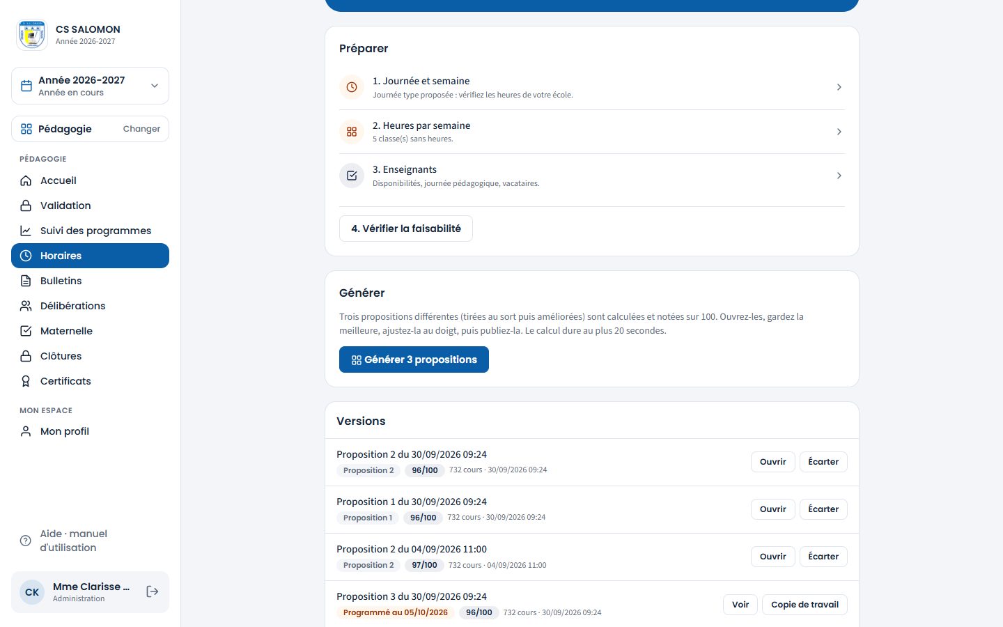 Les versions de l'horaire (ordinateur)