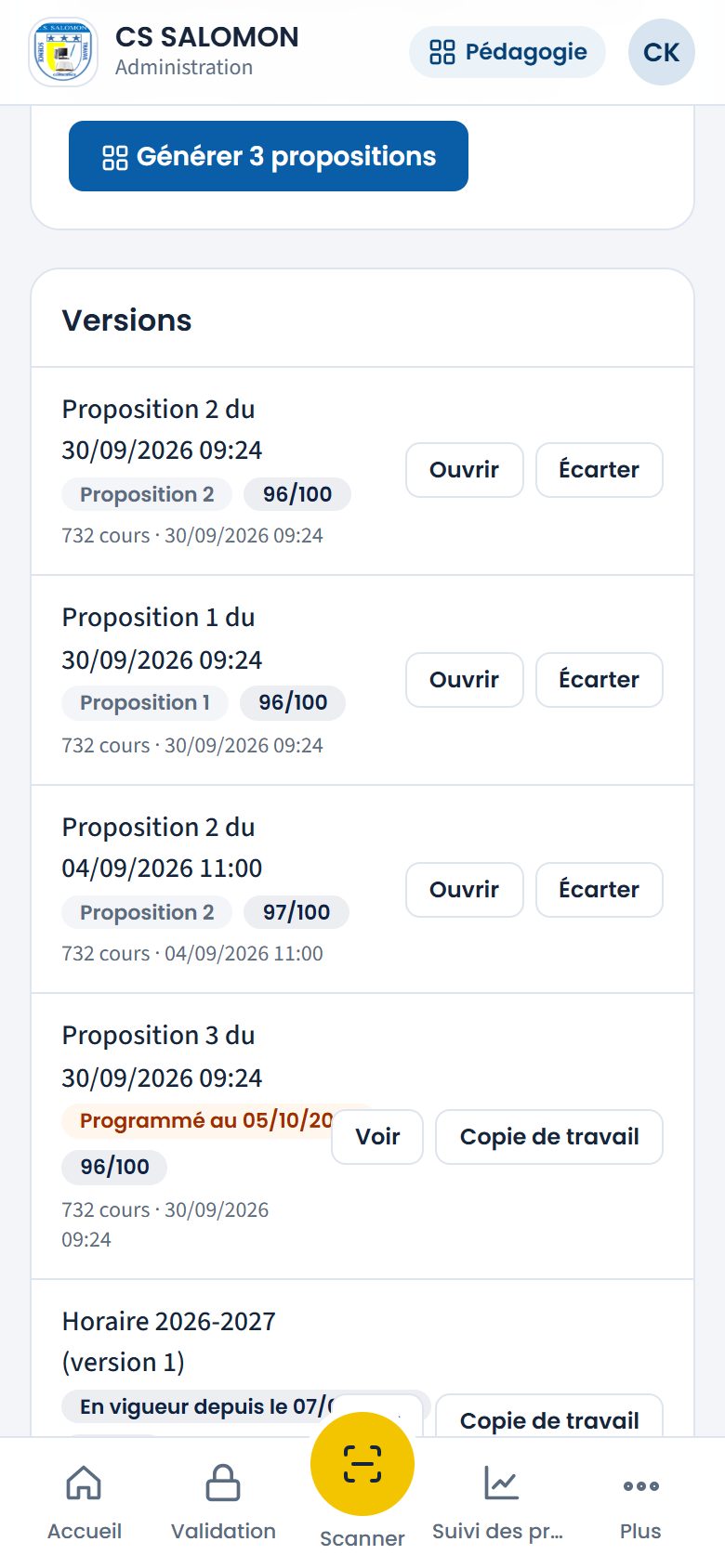 Les versions de l'horaire (téléphone)