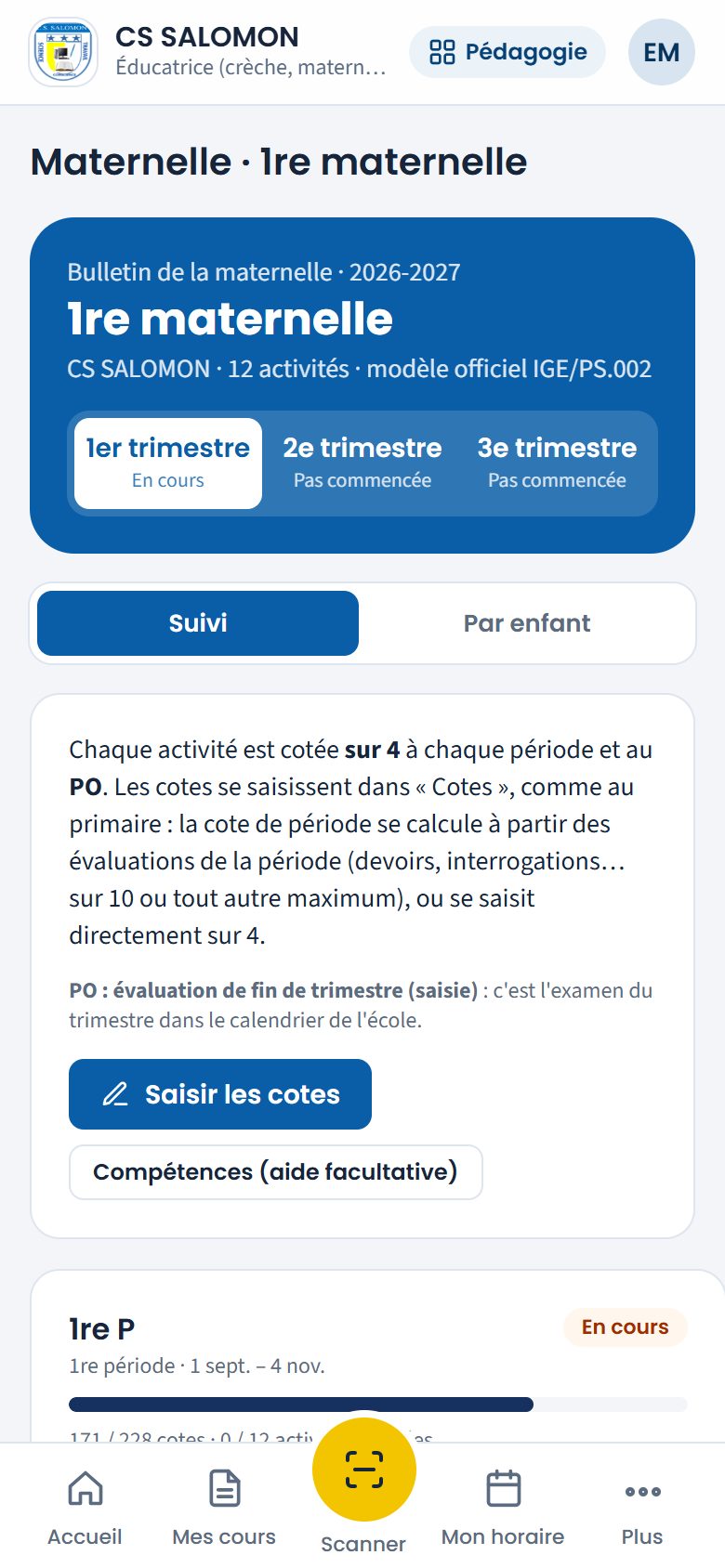 Suivi de la 1re maternelle au 1er trimestre (téléphone)