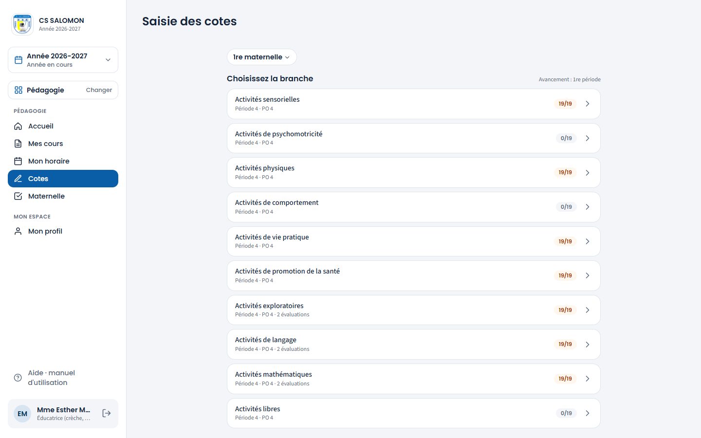 Activités de la 1re maternelle dans « Cotes » (ordinateur)