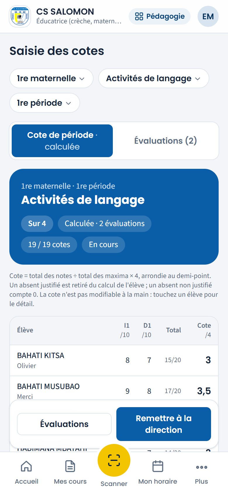 Cote de période calculée à partir de deux évaluations (téléphone)