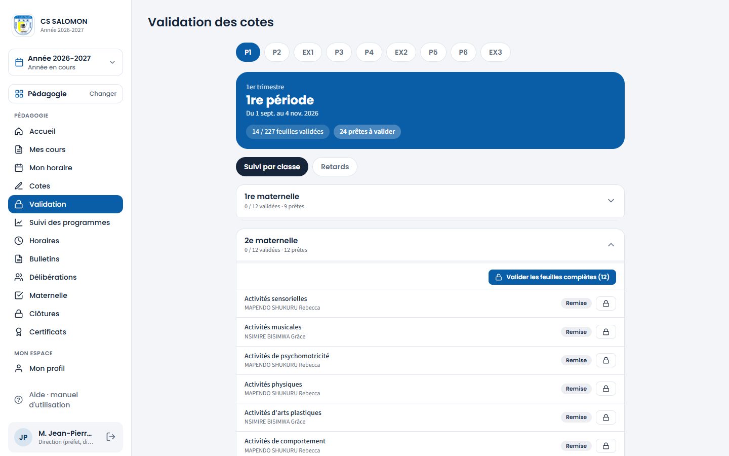 Validation de la 2e maternelle, 1re période (ordinateur)