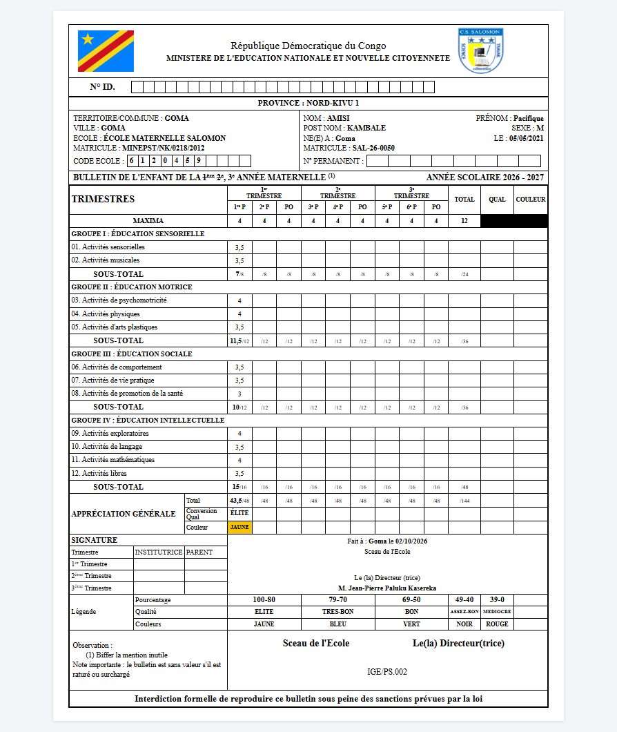 Aperçu du bulletin officiel IGE/PS.002 de Pacifique Amisi (ordinateur)