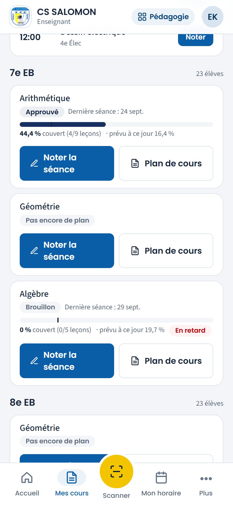 Les branches de 7e EB dans Mes cours (téléphone)