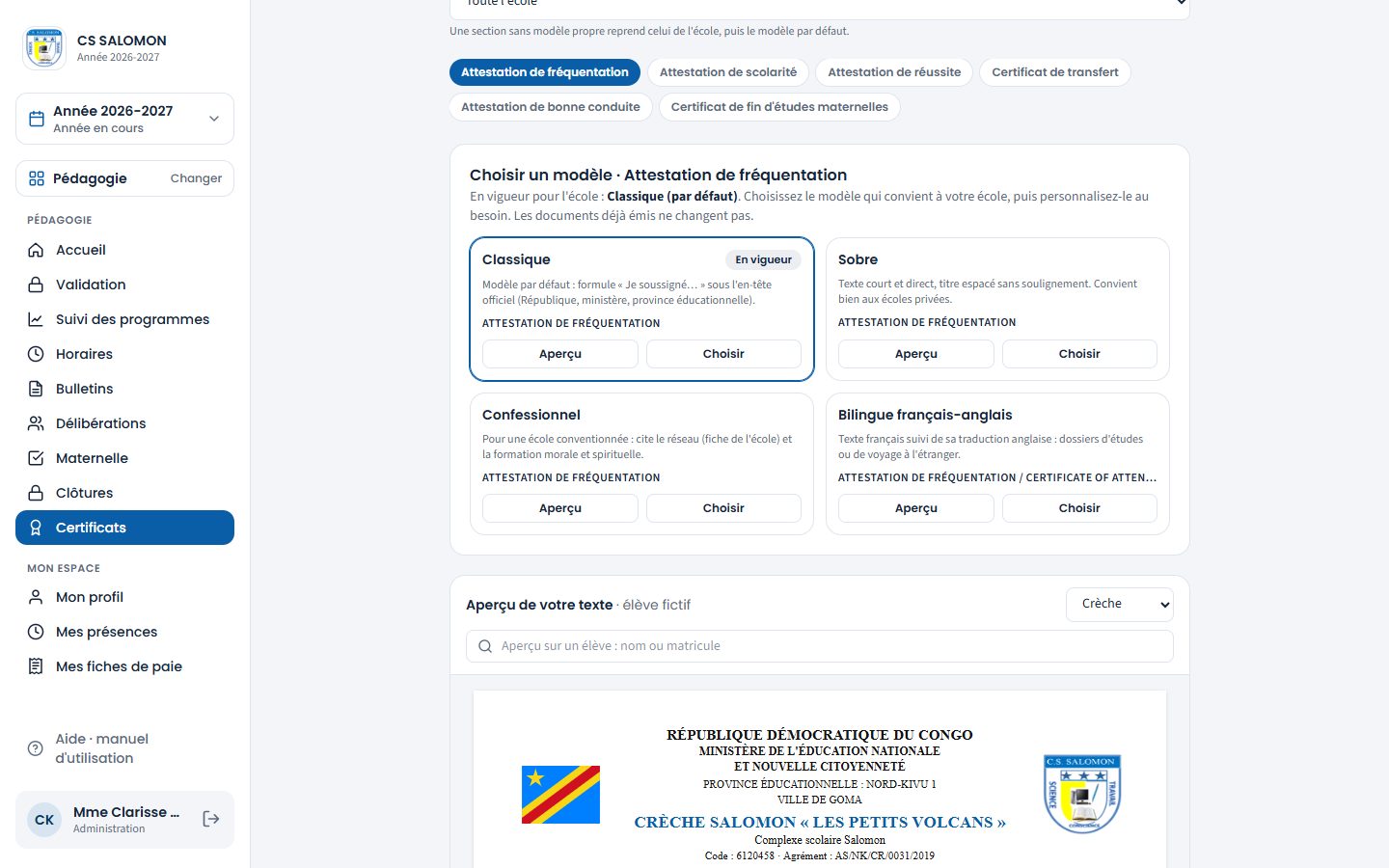 Modèle de l'attestation de fréquentation (ordinateur)