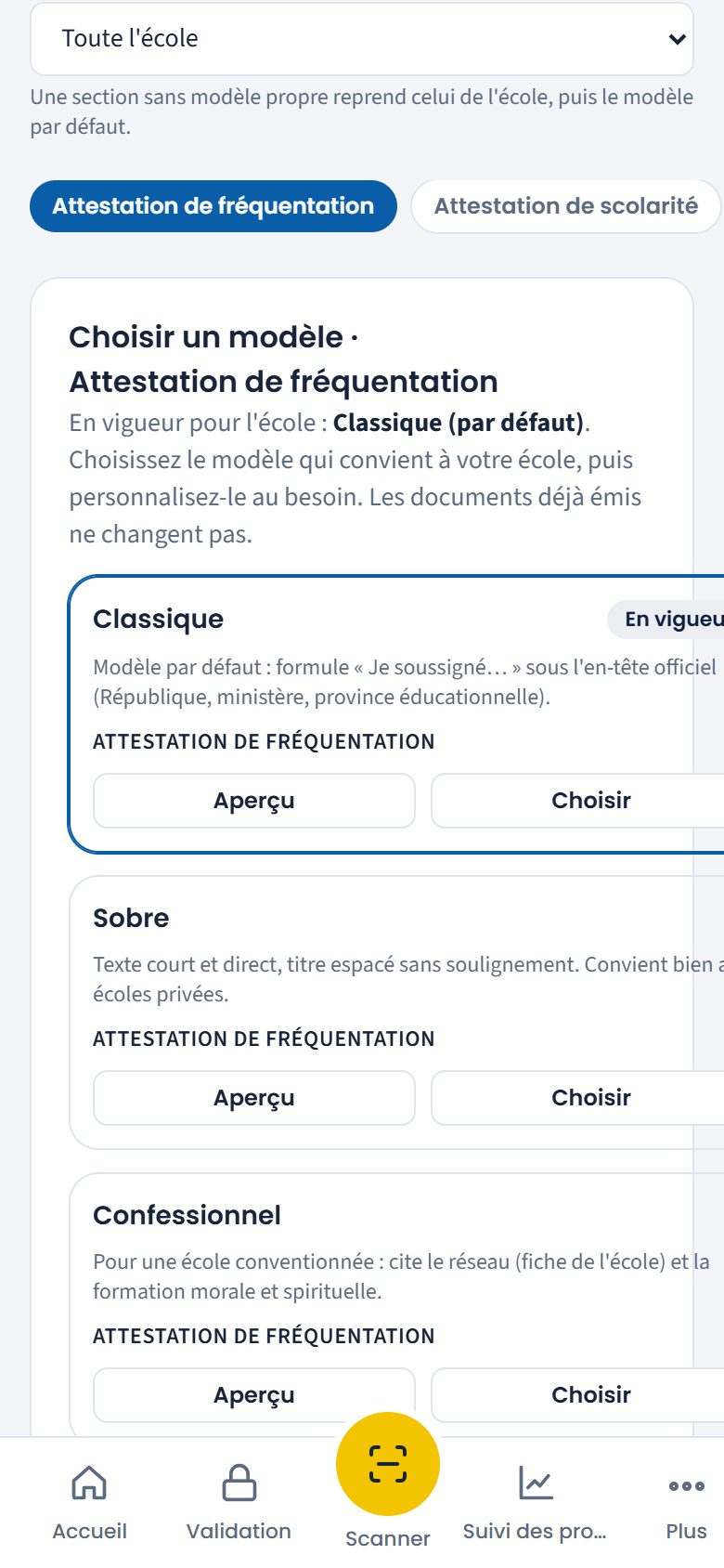 Modèle de l'attestation de fréquentation (téléphone)