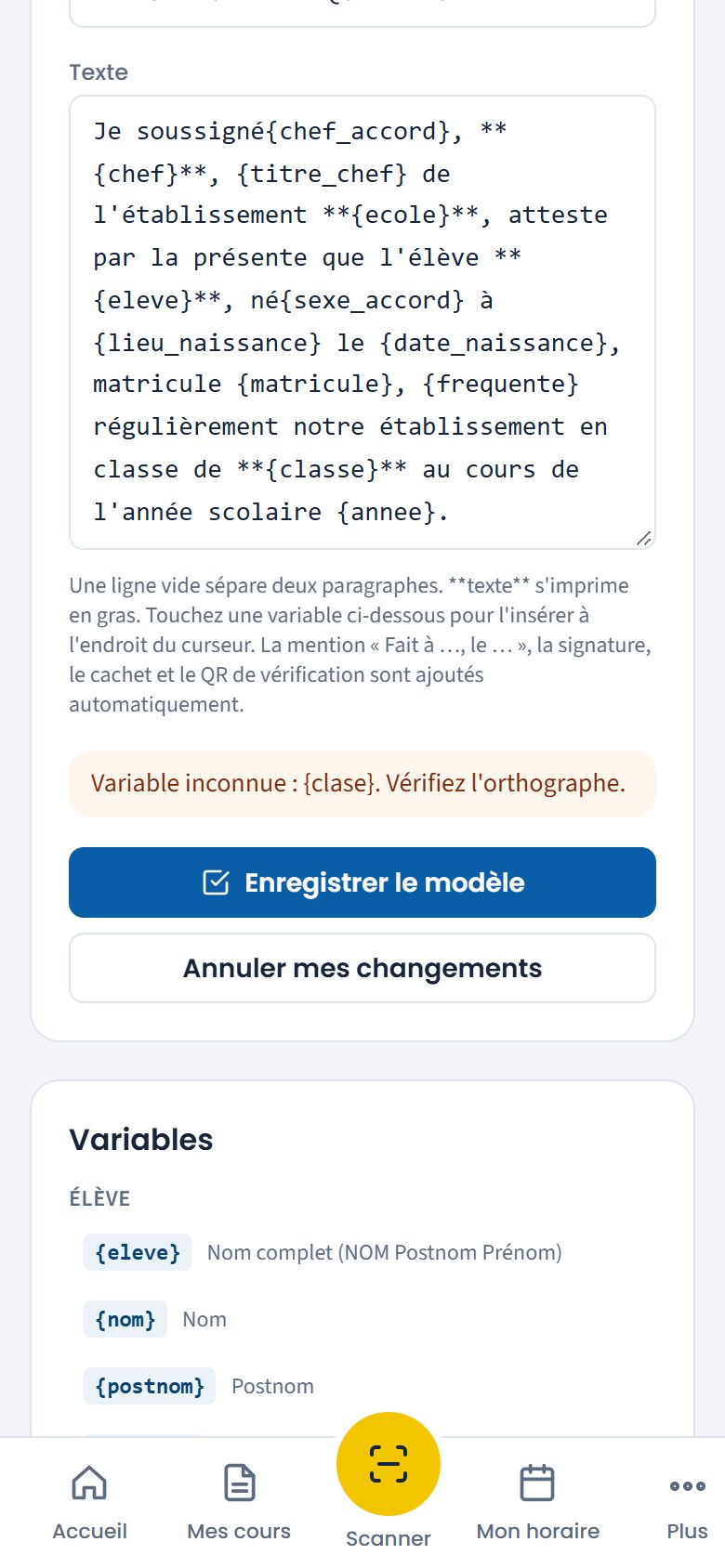 Variable inconnue signalée (téléphone)