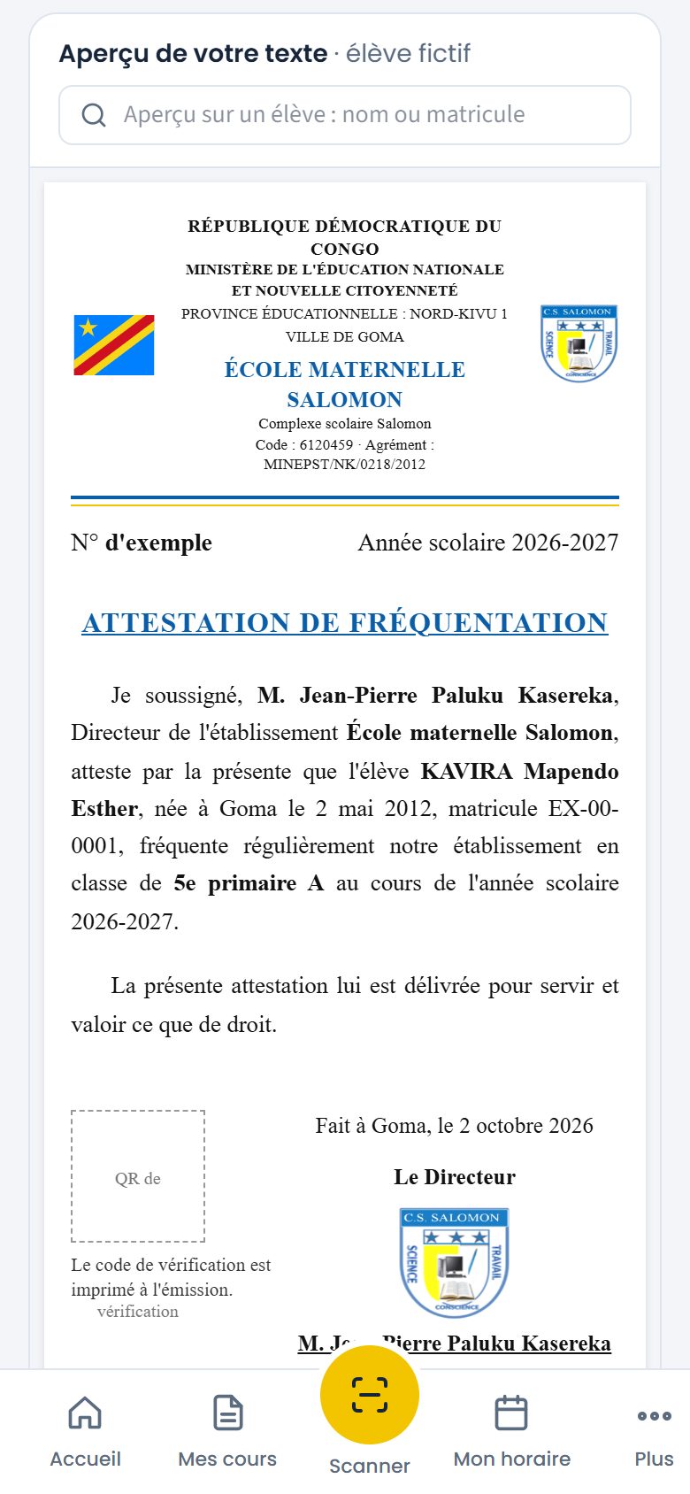Aperçu du modèle sur un élève fictif (téléphone)
