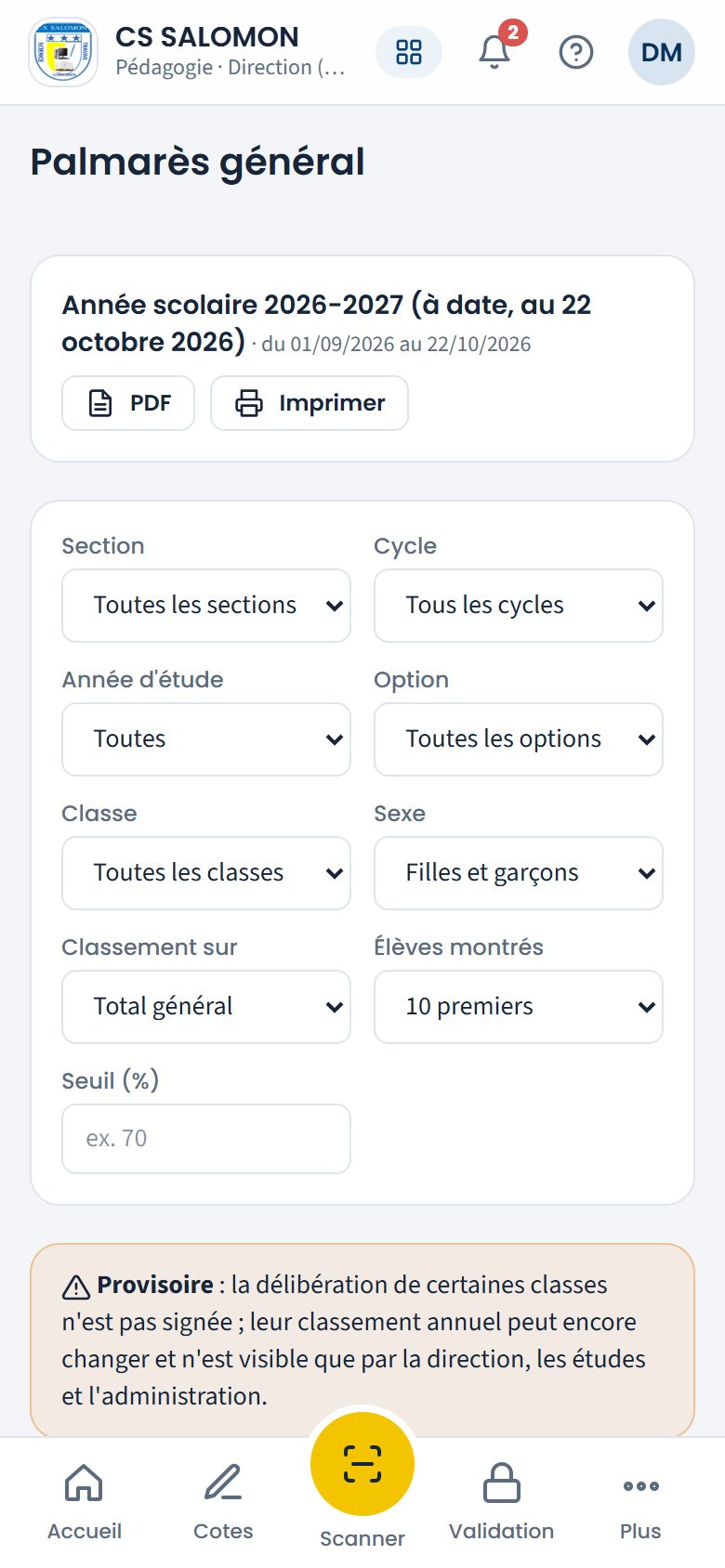 Palmarès général à l'ouverture (téléphone)