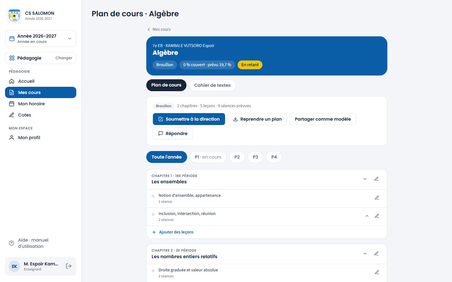 Plan de cours d'Algèbre en 7e EB (ordinateur)