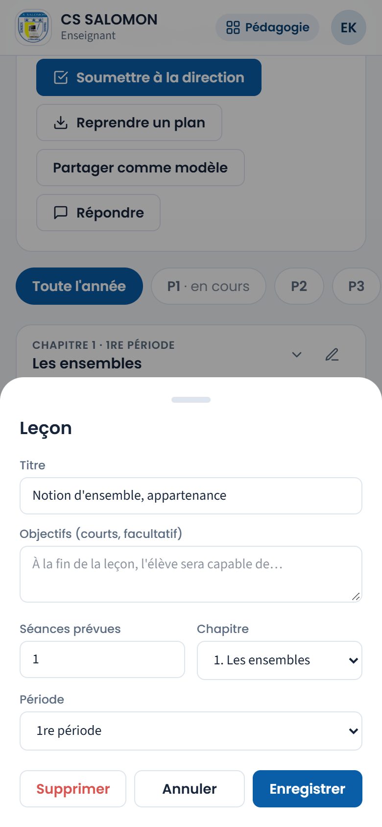 Modification d'une leçon (téléphone)