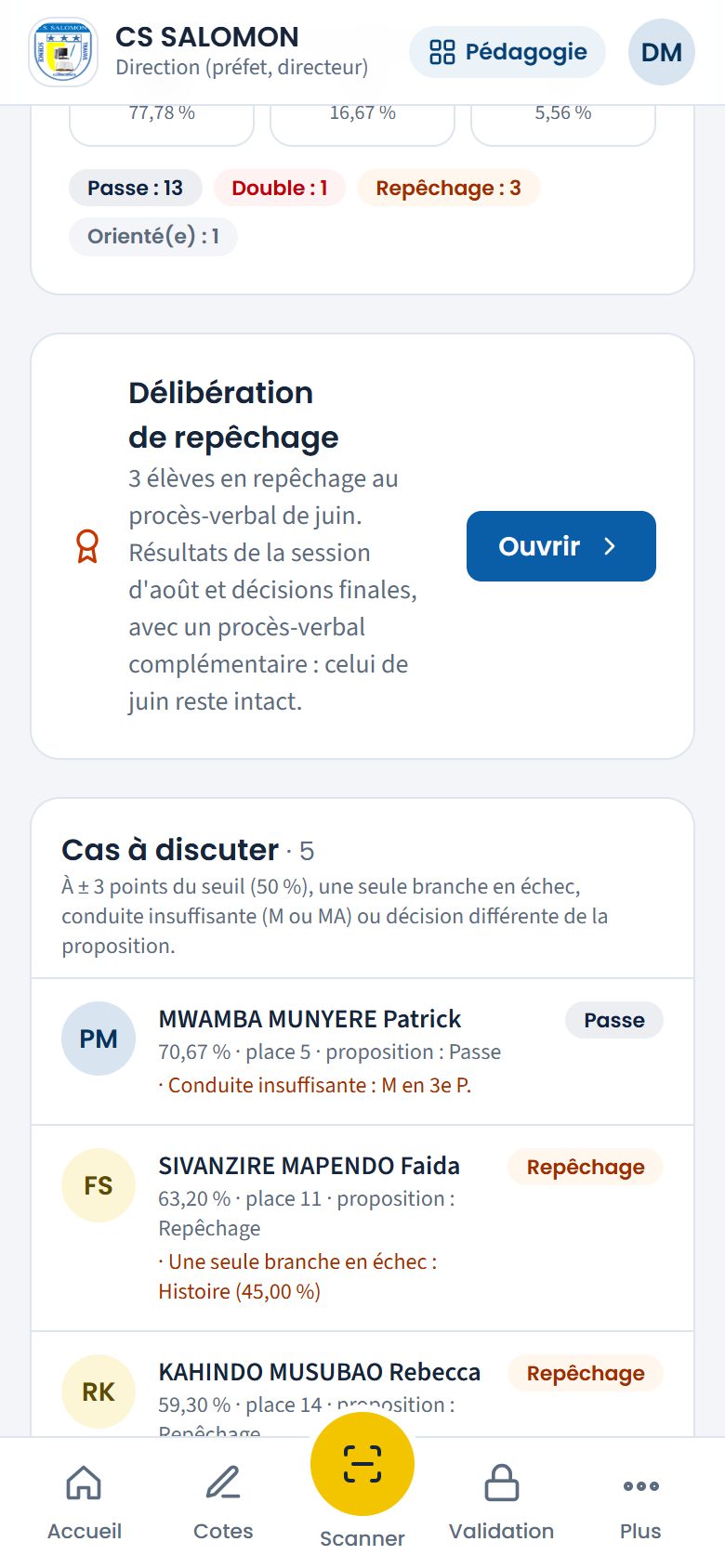 Carte « Délibération de repêchage (session de rattrapage) » de la 1re Soc (téléphone)