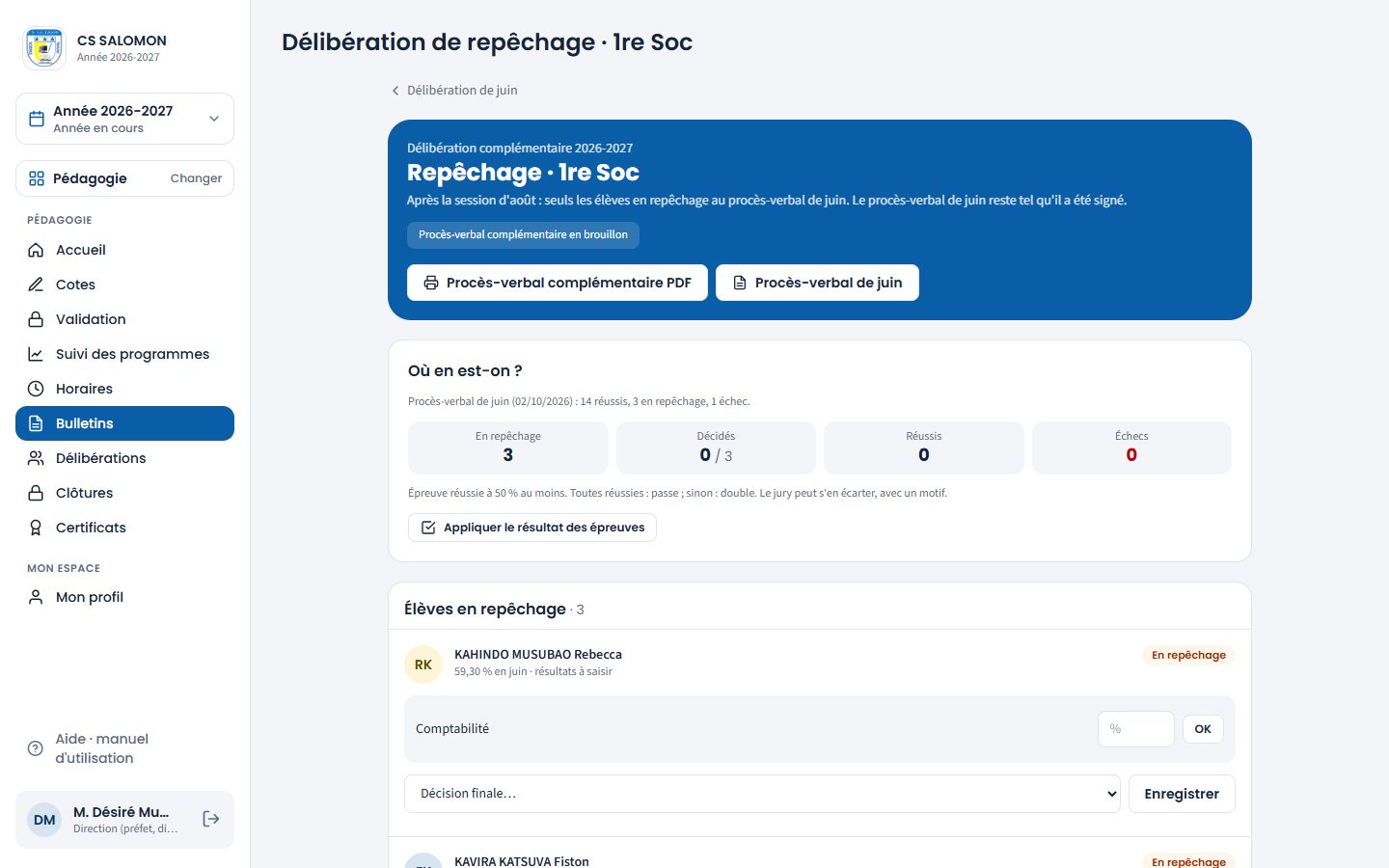 Délibération de repêchage de la 1re Soc, avant les épreuves (ordinateur)