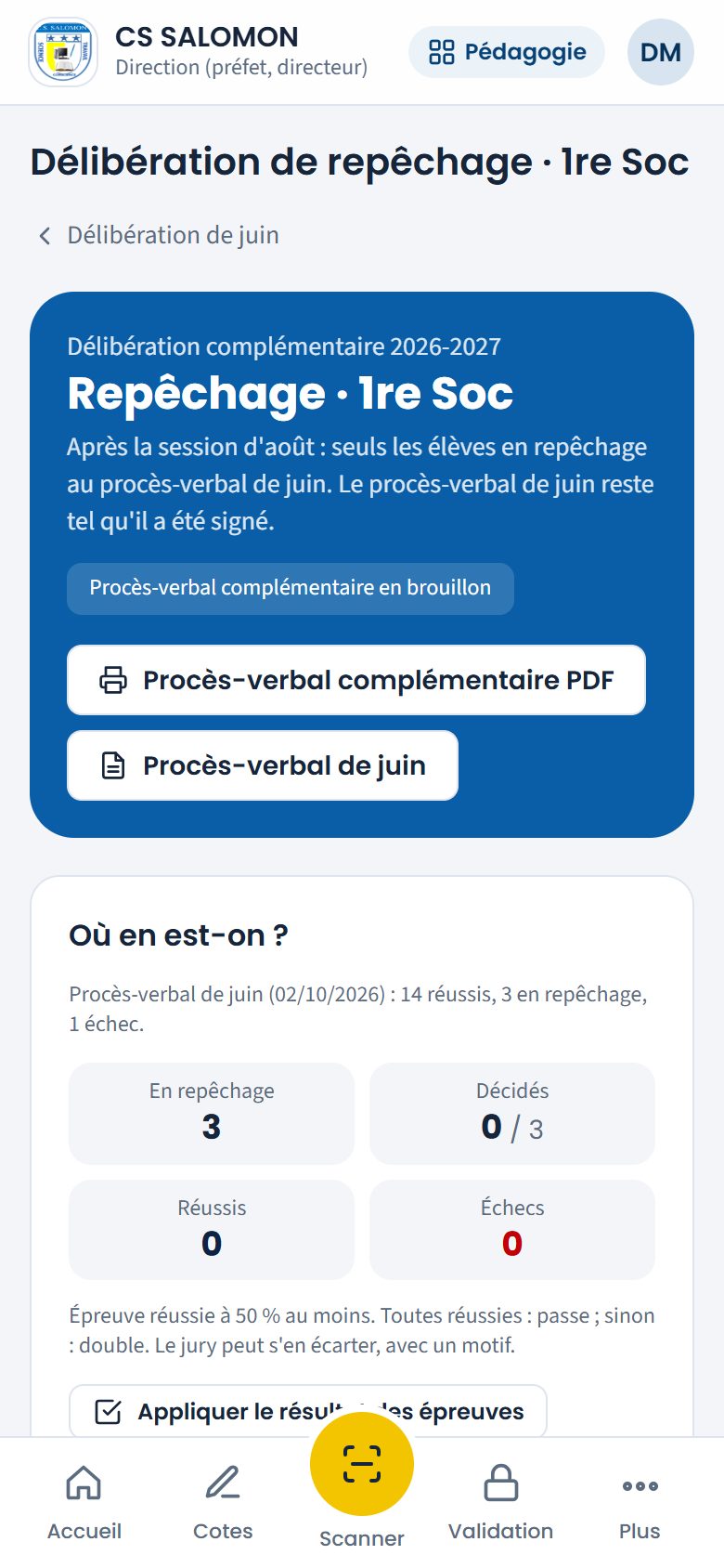 Délibération de repêchage de la 1re Soc, avant les épreuves (téléphone)