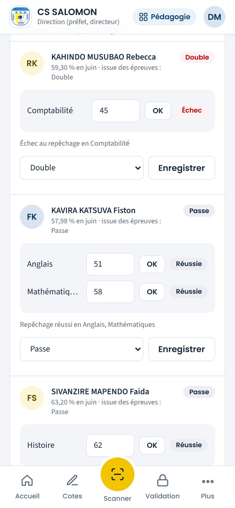 Résultats des épreuves de repêchage (téléphone)