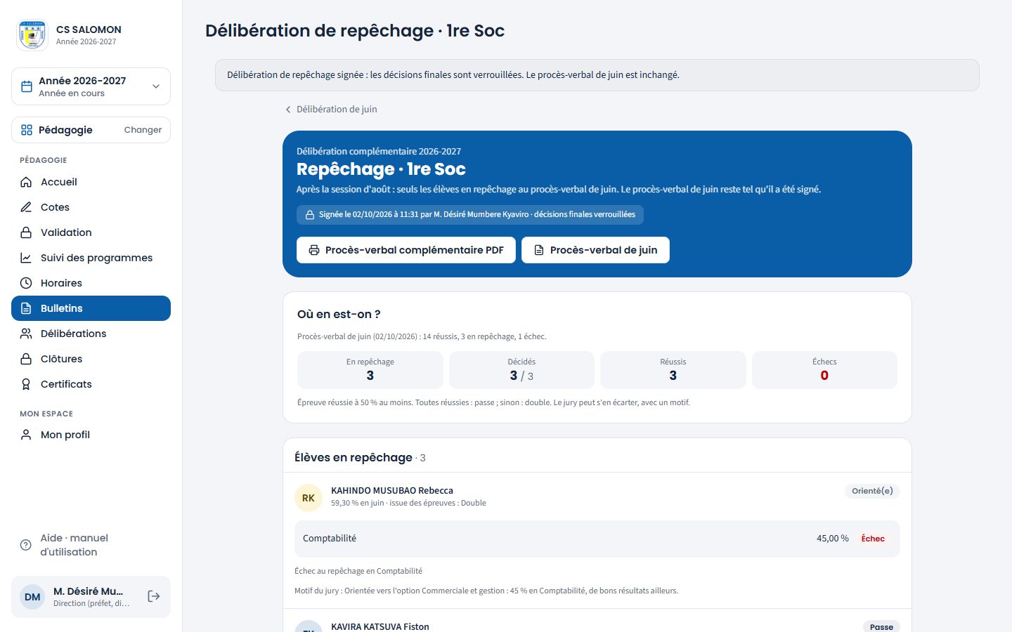 Délibération de repêchage signée (ordinateur)