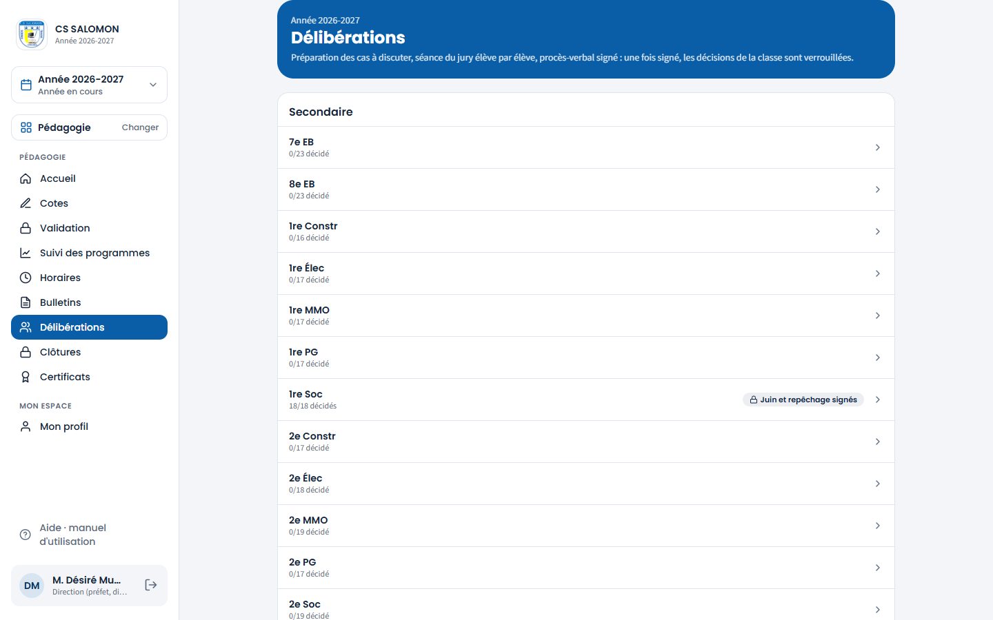 Liste des délibérations après le repêchage (ordinateur)