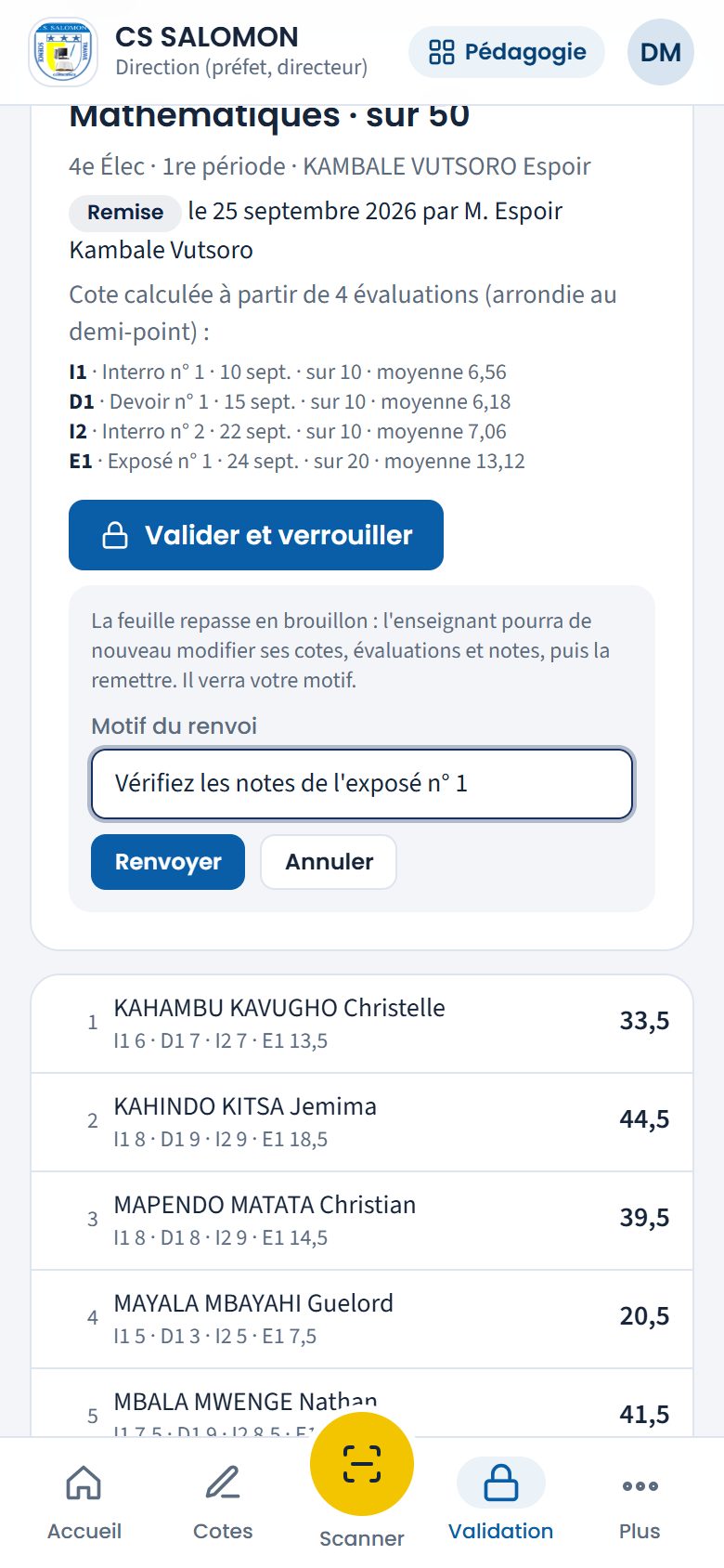 Renvoi d'une feuille à l'enseignant (téléphone)