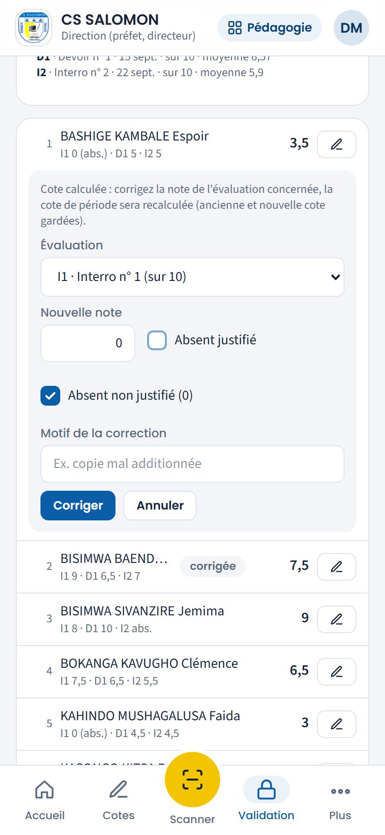 Correction d'une note après validation (téléphone)