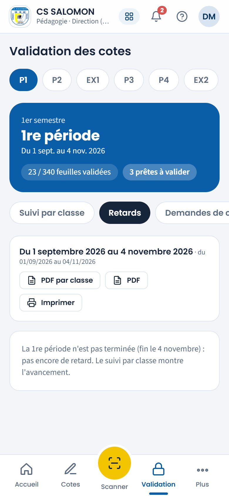 Onglet Retards de la validation (téléphone)