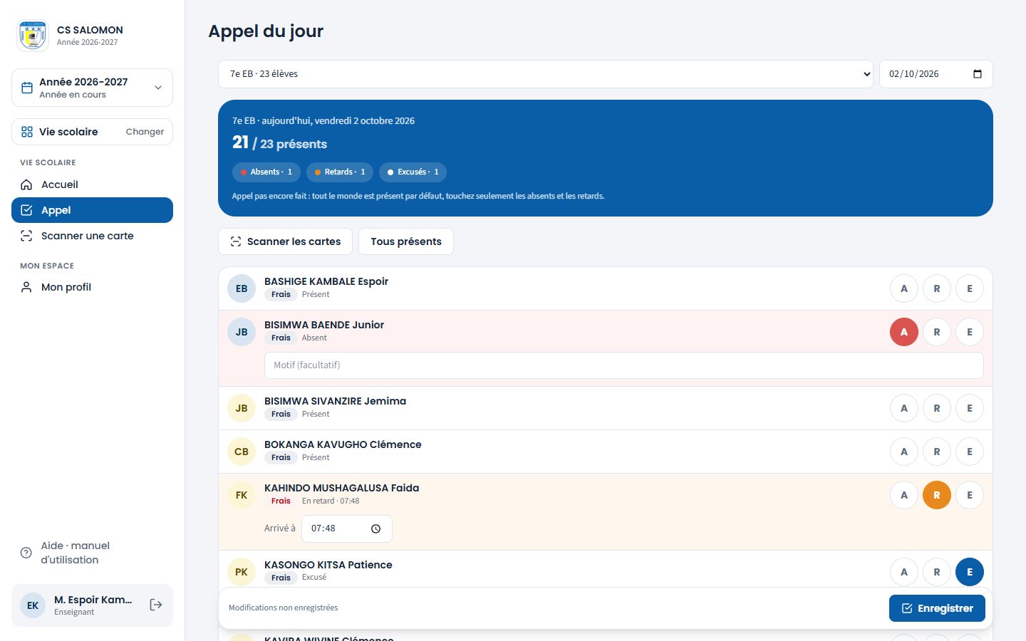 Absent, retard et excusé marqués (ordinateur)