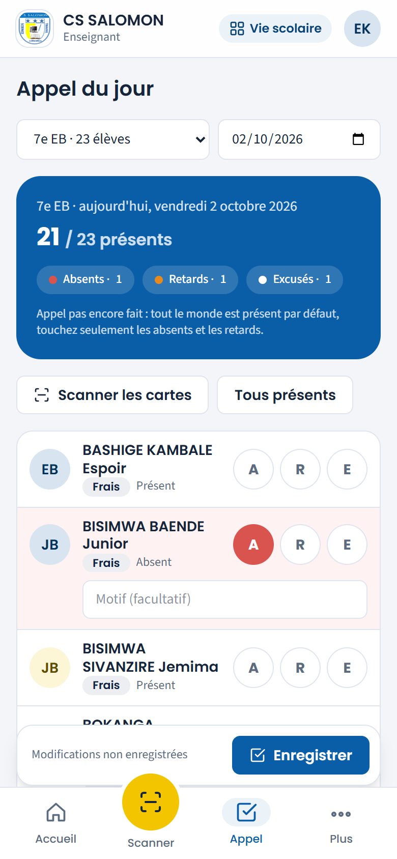 Absent, retard et excusé marqués (téléphone)