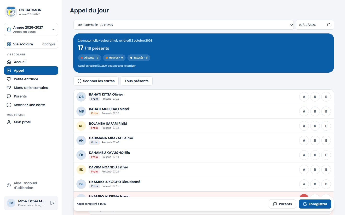 Bouton Parents après l'appel (ordinateur)