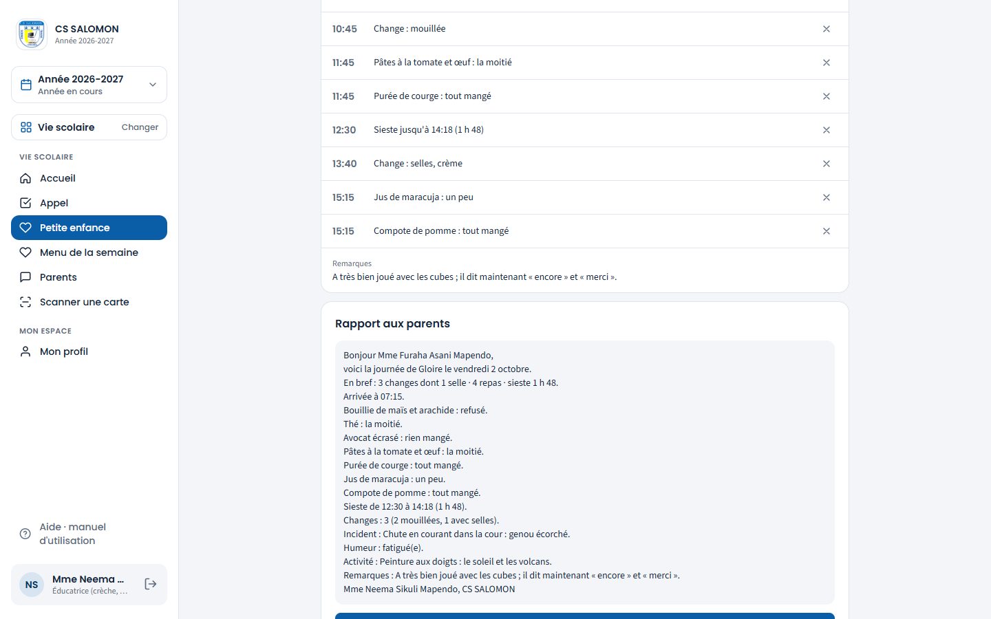 Rapport aux parents de Gloire ASANI (ordinateur)