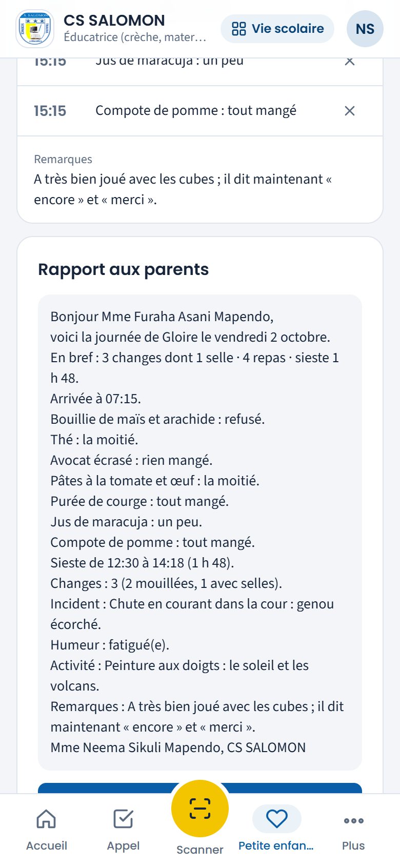 Rapport aux parents de Gloire ASANI (téléphone)