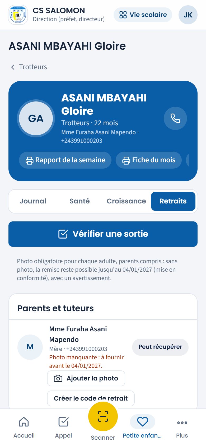 Volet Retraits de la fiche d'un enfant (téléphone)