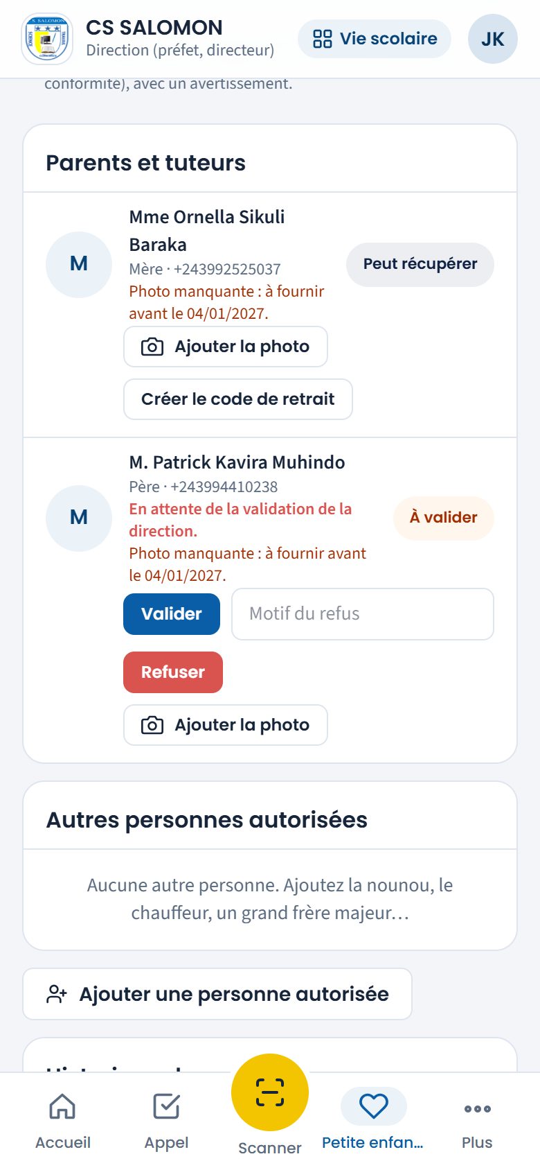 Parent à valider pour le retrait (téléphone)