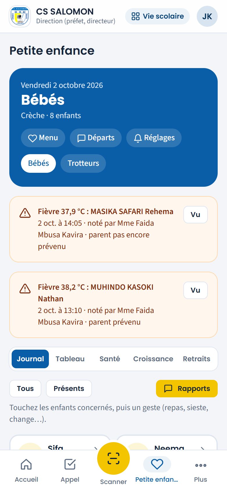Alertes de fièvre pour la direction (téléphone)