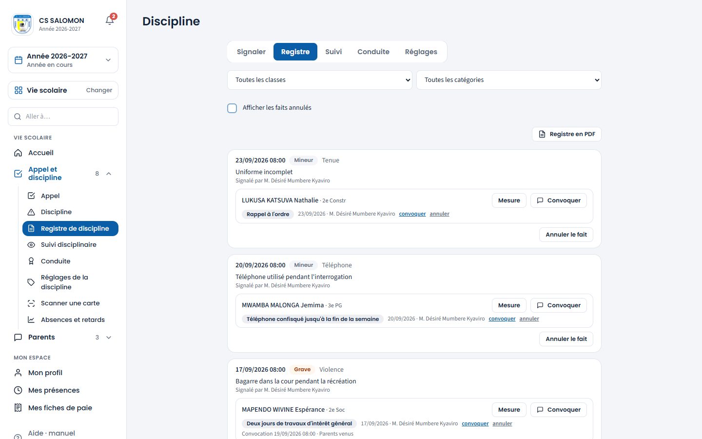 Registre de discipline (ordinateur)