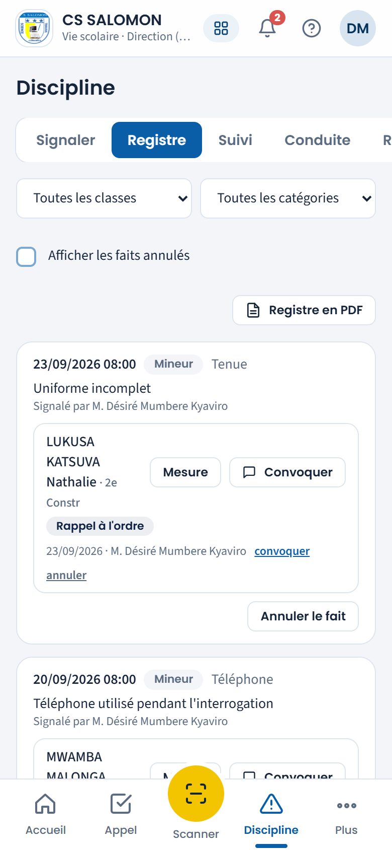 Registre de discipline (téléphone)