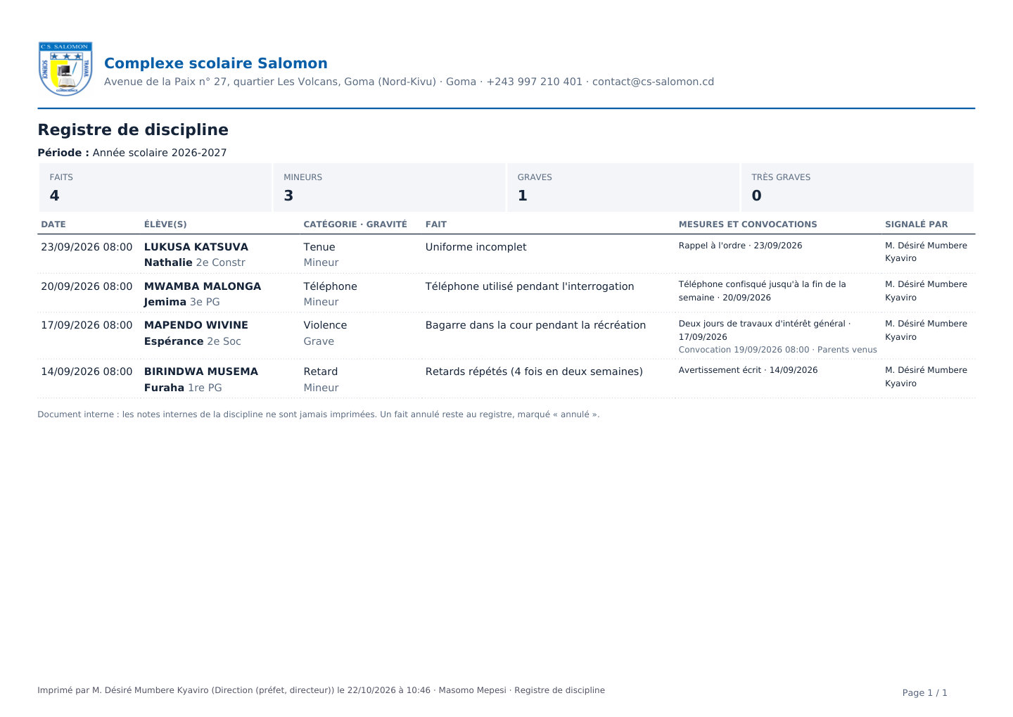 Registre de discipline en PDF (ordinateur)