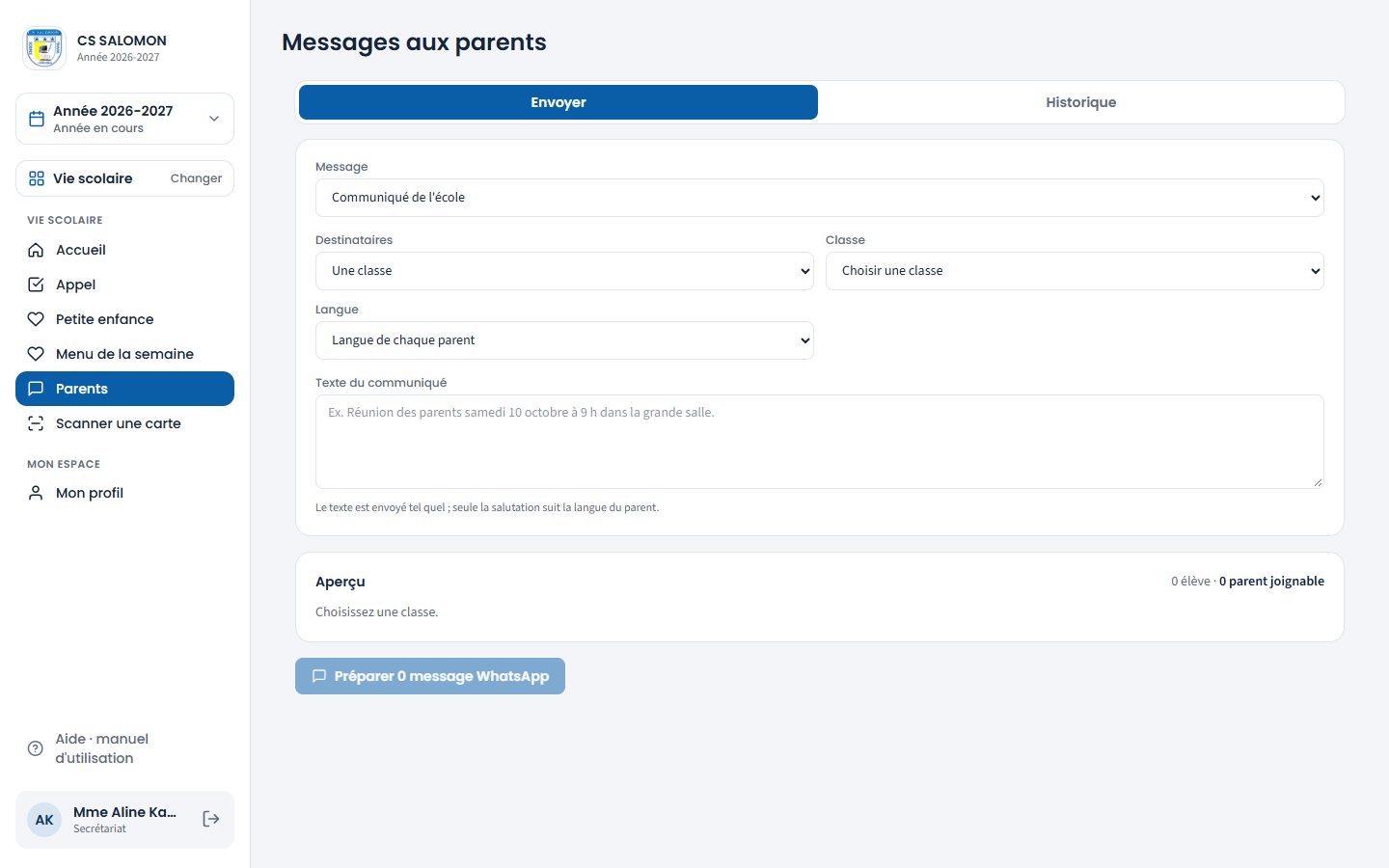 Écran Messages aux parents (ordinateur)