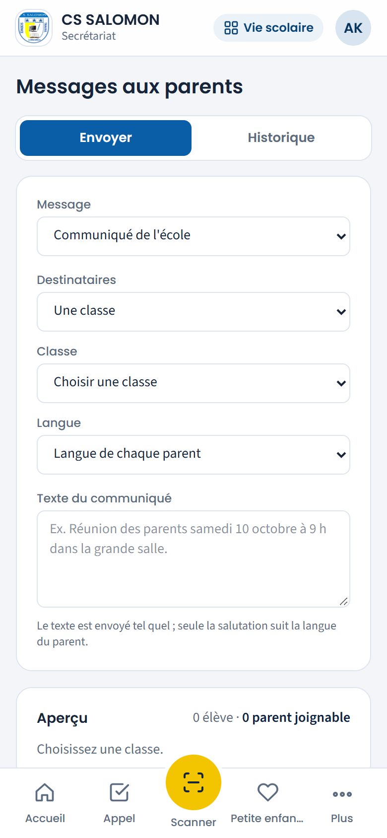 Écran Messages aux parents (téléphone)